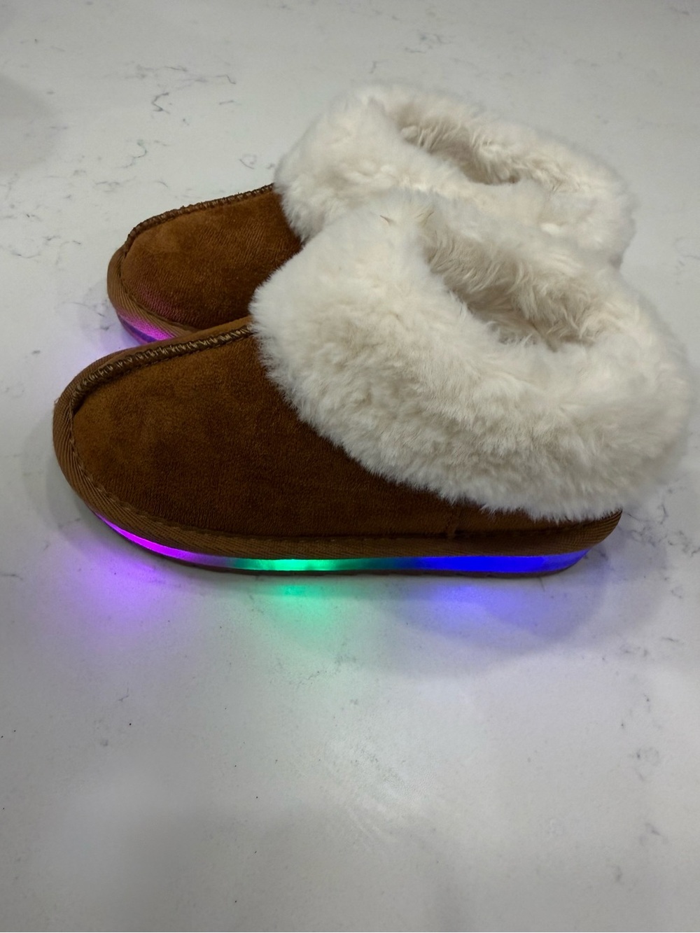 Kids Brown Faux-Suede Slipper with White Faux-Fur Collar and Light-Up Sole